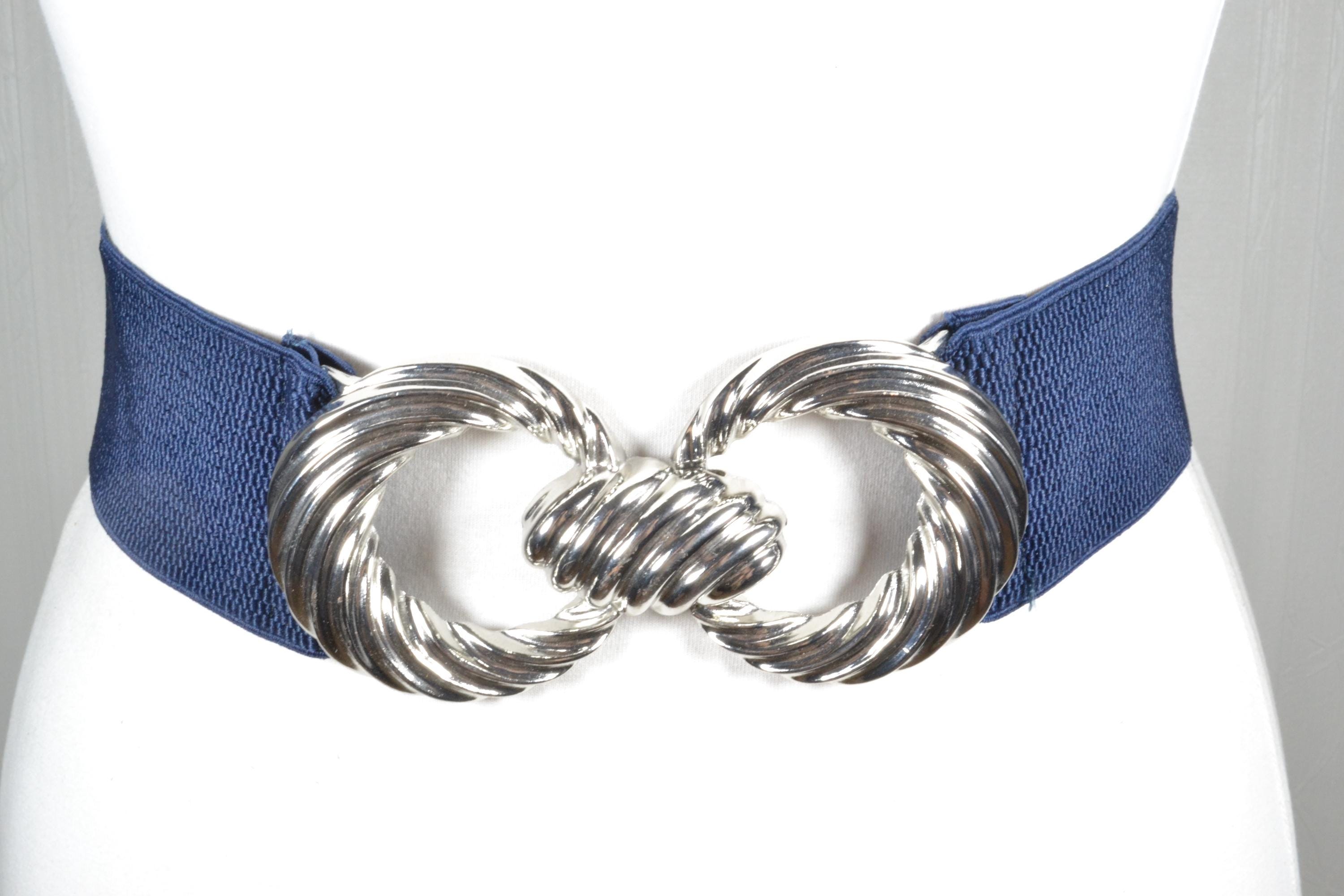 Vintage Navy Blue Elastic Belt With Silver Knot Buckle  display picture 1