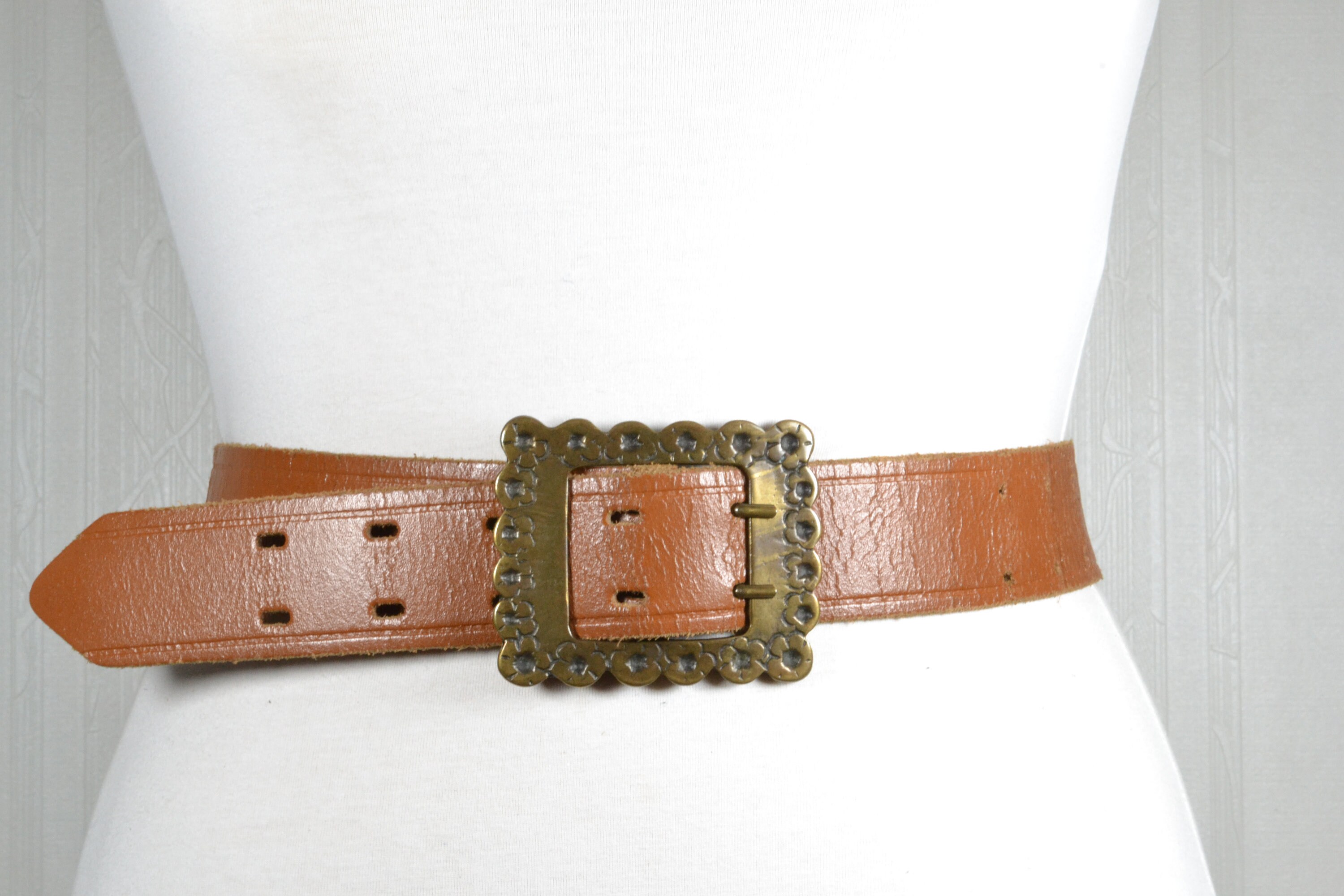 Vintage Western Copper Brown Leather Belt With Ornate Brass  display picture 2