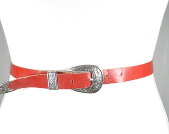 Vintage Red Leather Western Belt: Braided Edge, Silver  display picture 2
