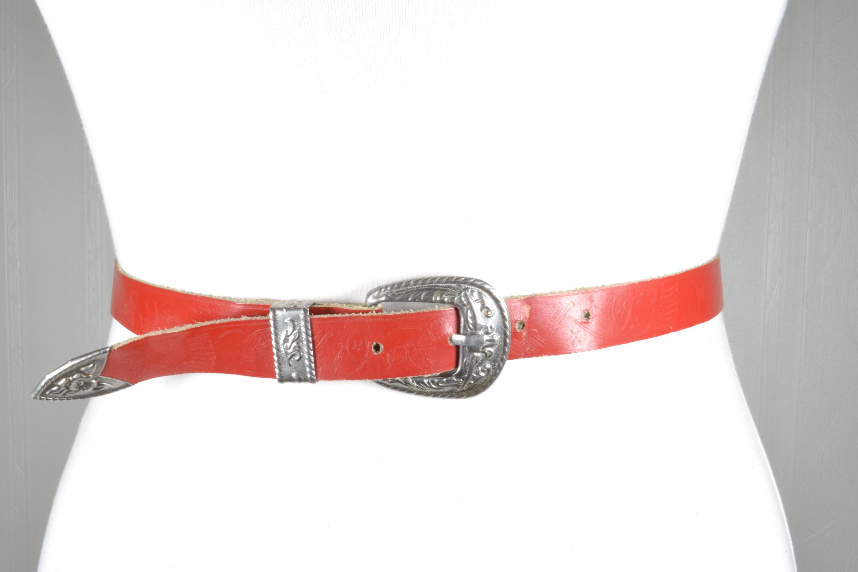 Vintage Red Leather Western Belt Engraved Silver Buckle Belt Vintage Red Leather Skinny Belt: Engraved Silver Buckle, Y2K  main image 2