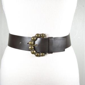 Women Classic Vintage Full Grain Leather Antique Gold Brass horseshoe Buckle Boho Wide Waist Soft Concho Belt