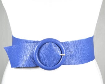 Vintage Blue Leather Waspie Belt: 80s Italian Waist Cinch