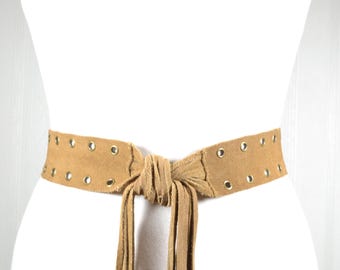 Boho Tan Suede Fringe Belt with Grommet Details