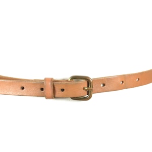 Vintage Tan Skinny Leather Belt, Minimalist Waist Belt with Small Brass Buckle, Slim Retro Belt for Women, 80s Fashion Tanned Leather Belt