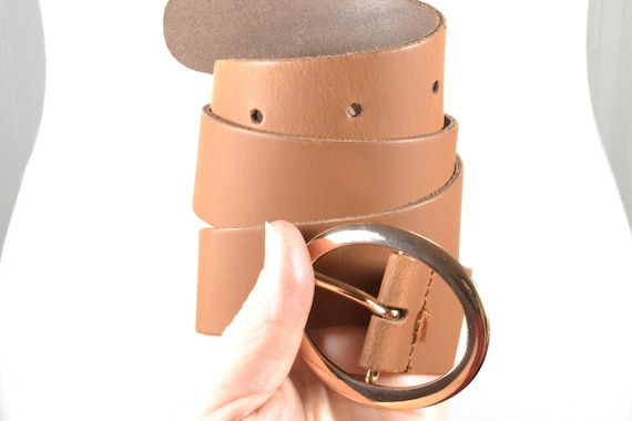 Wide Brown Leather Belt: Vintage Gold Oval Buckle  display picture 3