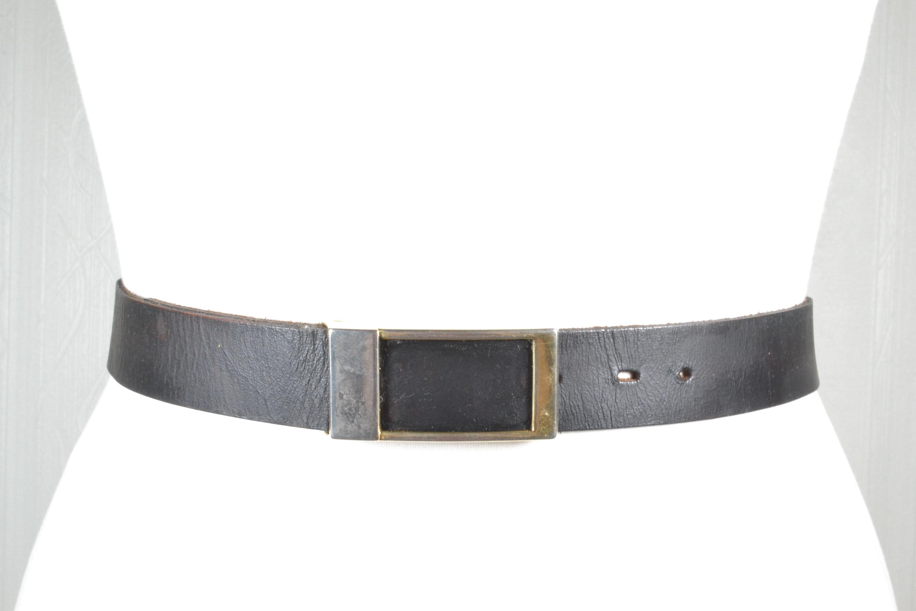 Vintage Black Leather Belt: Dual-tone Buckle Workwear Style  display picture 1