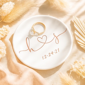 Custom Ring Dish, Glossy Ceramic Jewelry Holder with Initials and Date