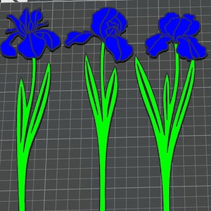 May include: Three blue iris flowers with green stems and leaves. The flowers are stylised and have a flat, paper-like appearance.