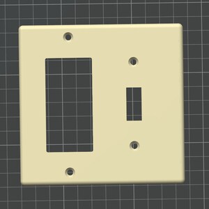 May include: A cream-colored electrical outlet cover with two openings. One opening is for a standard light switch and the other is for a larger outlet.