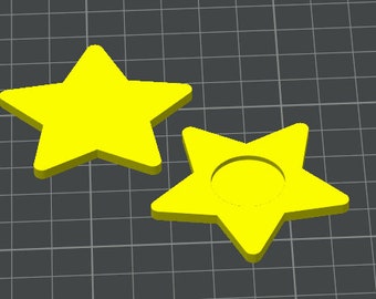 May include: Two yellow star-shaped ornaments. One star is solid, while the other has a circular cutout in the center.