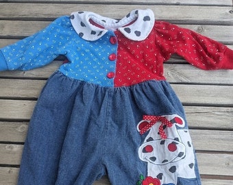 Vintage Buster Brown Denim & Knit One Piece Body Suit Romper 6-9 Mo