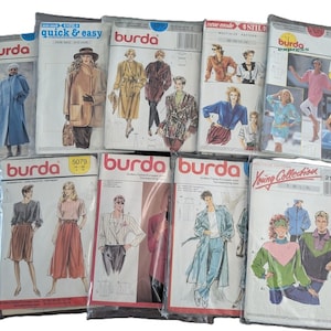 May include: A collection of eight sewing patterns for clothing, featuring various designs and styles. The patterns are from the brand Burda and include a variety of sizes and instructions.