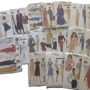 May include: A collection of vintage Vogue sewing patterns. The patterns feature illustrations of various clothing designs, including dresses, suits, and coats. The covers display models in different styles and colors, showcasing the fashion trends of the era.