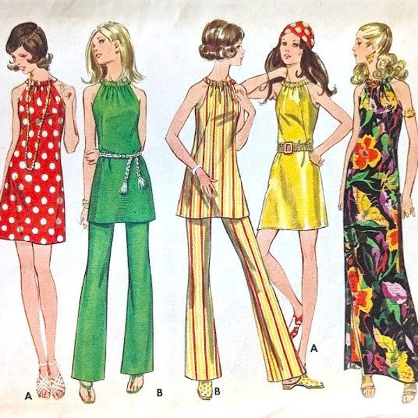 Ships Free 16/b38 #volup Uncut Butterick 5781 Vintage 1960s Sewing Pattern Dress Minidress Tunic Flare Pants