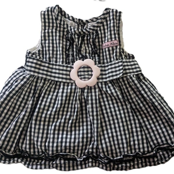 Baby Girl Clothing Calvin Klein Black White Gingham Dress w/ Pink Plastic Flower 3-6 mo