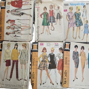 May include: A collection of vintage sewing patterns for women's clothing. The patterns are from McCall's and Simplicity and feature a variety of styles, including dresses, skirts, pants, and tops. The patterns are printed on paper and have illustrations of the finished garments.