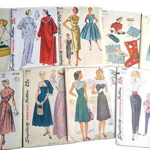 May include: A collection of vintage sewing patterns for dresses, tops, and skirts. The patterns are printed on paper and feature illustrations of the garments. The patterns are from the 1950s and include brands like Simplicity and McCall's.