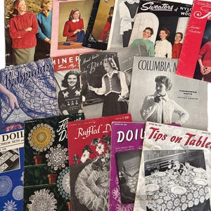 May include: A collection of vintage knitting and crochet pattern books. The covers feature illustrations of women in sweaters, dresses, and other garments. Colors include red, pink, blue, and black. Titles include "Learn to Knit" and "Tips on Tables".