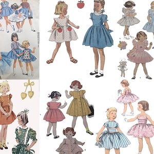 Puede incluir: Ilustraciones de moda vintage de vestidos de niña en varios estilos. Los dibujos presentan vestidos en una gama de colores, incluyendo azul, rosa y verde, con detalles como lazos, volantes y acentos en forma de manzana. La imagen muestra diseños de ropa retro.