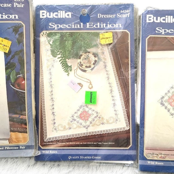 Bucilla Special Editions Stamped Cross Stitch Wild Roses Pillowcases or Dresser Scarve or Bouquet Pillowcases