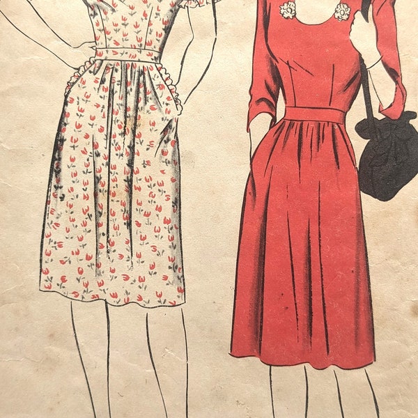 COMPLETE Unprinted 1943 Vintage Sewing Pattern Hollywood 1338 One Piece Dress