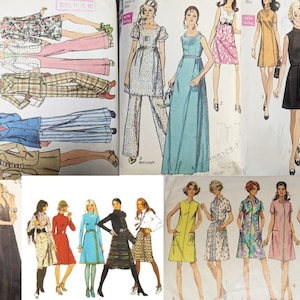 May include: A collage of vintage sewing patterns featuring various dress and pantsuit designs. The patterns showcase a range of styles, including A-line dresses, maxi dresses, and tailored pantsuits, with illustrations in vibrant colors.
