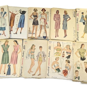 May include: A collection of vintage Simplicity sewing patterns for women's clothing. The patterns feature a variety of styles, including dresses, skirts, tops, and swimwear. The patterns are printed on paper and have illustrations of the finished garments.