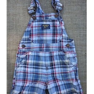 OshKosh B&#39;Gosh Red Blue White Yellow Plaid Shortalls Vestback Baby Clothes 18 months