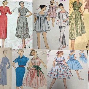 Könnte beinhalten: Eine Collage aus Vintage-Schnittmustern mit verschiedenen Stilen von Kleidern, Röcken und Oberteilen. Die Muster sind auf Papier gedruckt und zeigen Illustrationen von Frauen, die die Kleidungsstücke tragen.