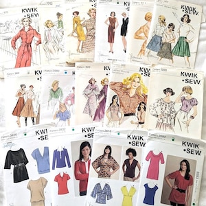 May include: A collection of vintage Kwik Sew sewing pattern envelopes. The illustrations depict various women's clothing designs, including dresses, blouses, and skirts. The patterns feature a range of styles from the 1970s and 1980s, with the Kwik Sew logo visible.