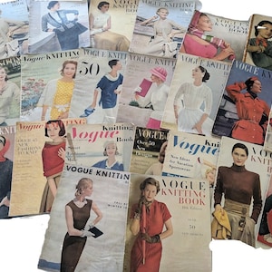 May include: A collection of vintage Vogue Knitting Book magazines from the 1950s. The covers feature women wearing knitted garments and the text "Vogue Knitting Book" is visible on most of the covers.