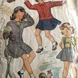 Free Ship COMPLeTE  1940s Sz 4 Vintage Children's Sewing Pattern Simplicity 4771 Suspender Skirt Jacket Calot