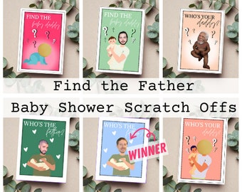 Editable Baby Shower Find the Father scratch off ticket print from home game customizable with celebrities/ add your own baby daddy picture