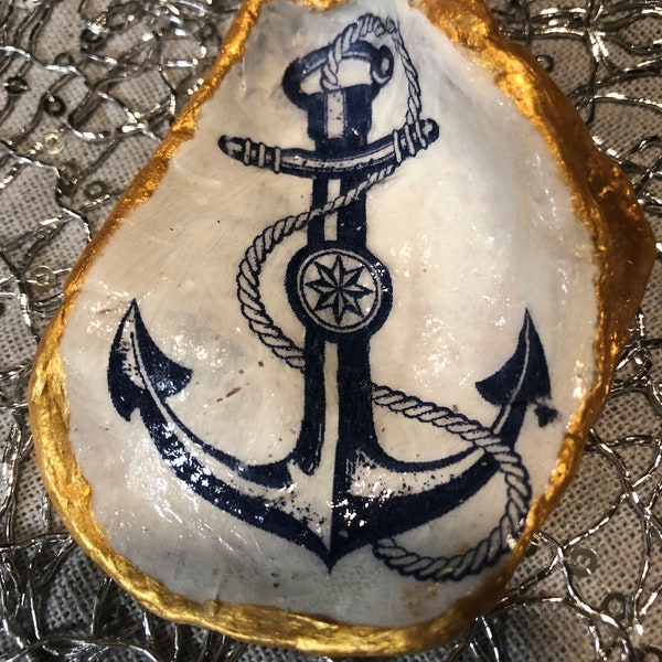 Oyster shell jewelry dish / trinket dish - nautical/anchor/maritime design (decoupage)