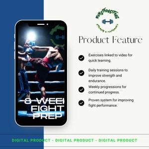 以下が含まれることがあります： 8週間のファイト準備プログラムのためのデジタル製品。この製品は、ビデオにリンクされたエクササイズ、毎日のトレーニングセッション、毎週の進捗状況、そして戦闘パフォーマンスを向上させるための実証されたシステムを備えています。