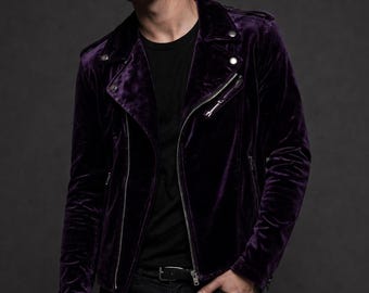 Mens Purple Velvet Biker Jacket - Gothic Moto Jacket - Alternative Rock Clothing for Men - Grunge Velvet Motorcycle Jacket - Dark Fashion