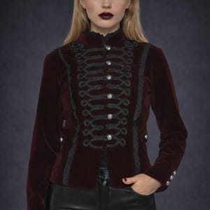 Burgunder Rote Samt Gothic Militär Jacke - Viktorianische Steampunk Jacke - Gothic Mantel - Emo Alternative Mode