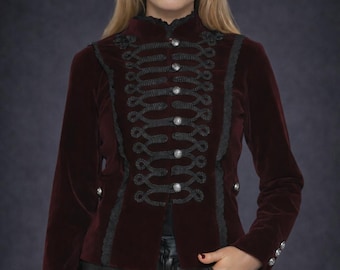 Burgundy Red Velvet Gothic Military Jacket - Victorian Steampunk Jacket - Gothic Coat - Emo Alternative Fashion