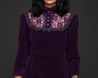 Purple Velvet High Collar Dress with Lace Details  - Collared Velvet Gothic Dress - Velvet Goth Dress - Alternative Fashion