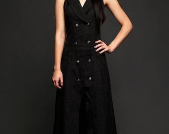 Sleeveless Gothic Coat with Back Lacing - Steampunk Coat - Black Brocade Jacket - Sleeveless Goth Coat - Victorian Coat