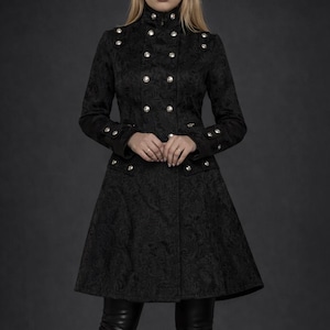 Abrigo gótico negro - Abrigo de brocado victoriano - Chaqueta steampunk - Abrigo gótico de cuello alto - Chaqueta de inspiración militar - Abrigo de cosplay
