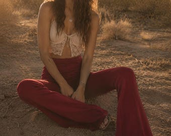 Burgundy Bell Bottom Pants - 70s High Waisted Flare Pants - Retro Boho Red Bell Bottoms - Festival Concert Outfit