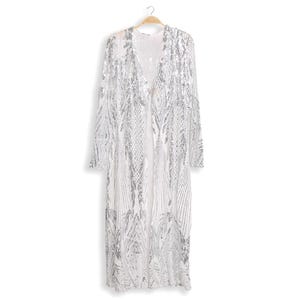 Long Silver Sequin Kimono - Silver Sequin Duster - 70s Sequin Open Front Cardigan - Sequin Swim Coverup - Festival Outfit - Bridal Kimono