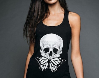 Gothic Butterfly Tank Top – Dark Aesthetic Skull Sleeveless Shirt – Alternative Goth Skull Graphic Top