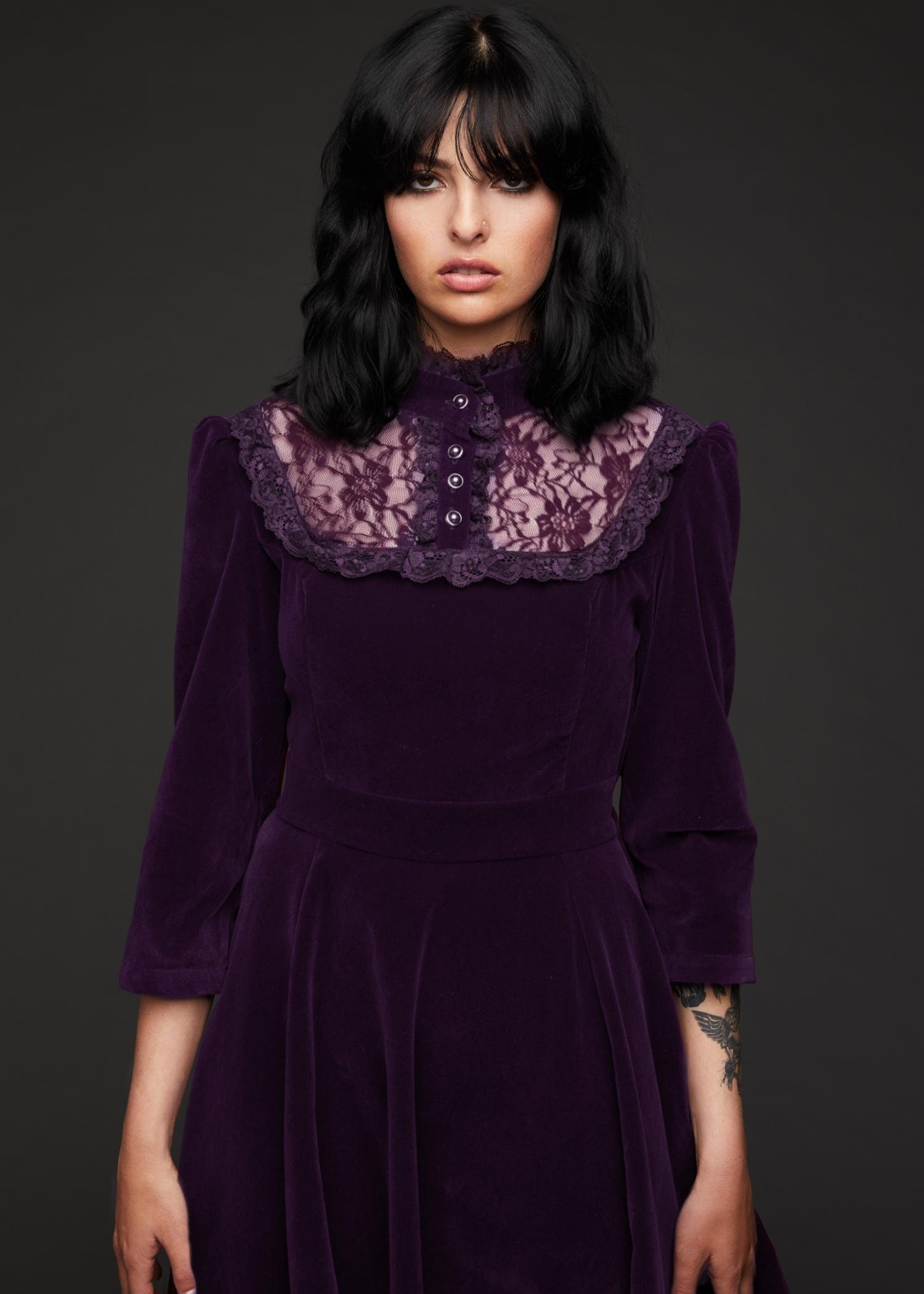 Purple Velvet High Collar Dress with Lace Details - Collared Velvet Gothic Dress - Velvet Goth Dress - Alternative Fashion