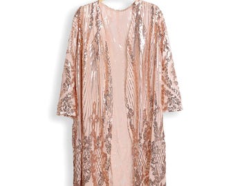 Rose Gold Sequin Kimono - Festival Duster Cardigan