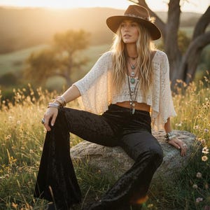 Black Crushed Velvet Bell Bottom Pants – Black Velvet Flare Leg Pants for Women – 70s Retro Boho Flares – Concert Outfit Pants