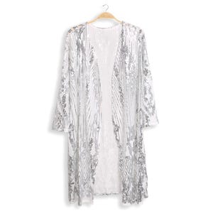 Silver Sequin Kimono - Silver Sequin Duster - 70s Sequin Open Front Cardigan - Sequin Swim Coverup - Festival Outfit