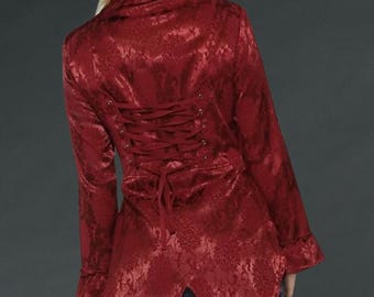 Red Brocade Tail Jacket with Back Lacing – Burgundy Victorian Tailcoat – Gothic High Low Cosplay Coat – Alternative Steampunk Jacket