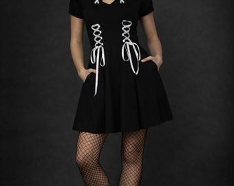 Gothic Black Corset Lace Dress – Alternative Punk Mini Dress – Dark Academia Gothic Outfit – Witchy Skater Dress – Gothic Clothing for Women